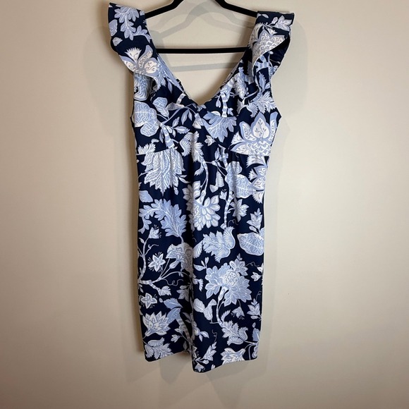 Gretchen Scott Designs Dresses & Skirts - Gretchen Scott Navy Blue Floral Flutter Sleeve V Neck Dress Size S